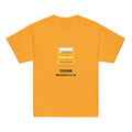 Gold | Kids Emunah faith T-shirt with a mustard jar, Hebrew word אמונה meaning faith, and Matthew 17:20 mustard seed Bible verse design.