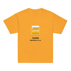 Gold | Kids Emunah faith T-shirt with a mustard jar, Hebrew word אמונה meaning faith, and Matthew 17:20 mustard seed Bible verse design.