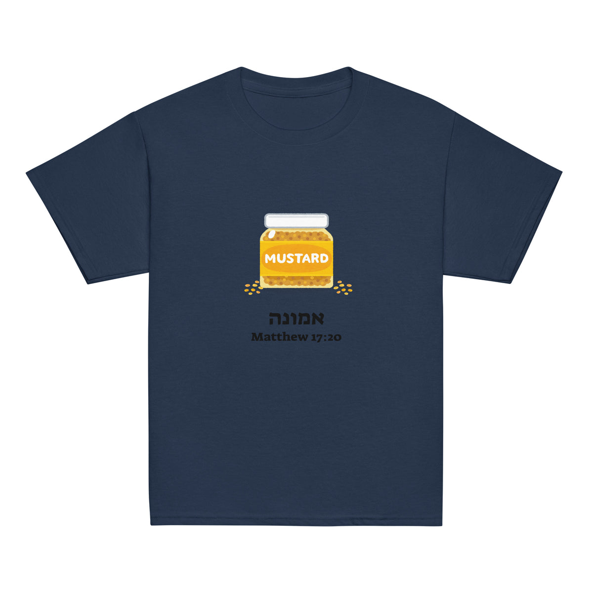 Navy | Kids Emunah faith T-shirt with a mustard jar, Hebrew word אמונה meaning faith, and Matthew 17:20 mustard seed Bible verse design.