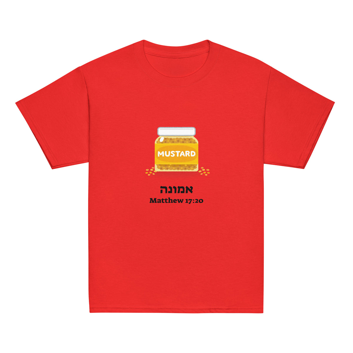 Red | Kids Emunah faith T-shirt with a mustard jar, Hebrew word אמונה meaning faith, and Matthew 17:20 mustard seed Bible verse design.