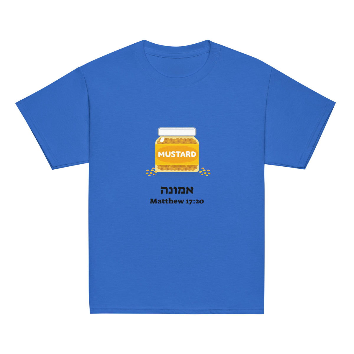 Royal | Kids Emunah faith T-shirt with a mustard jar, Hebrew word אמונה meaning faith, and Matthew 17:20 mustard seed Bible verse design.